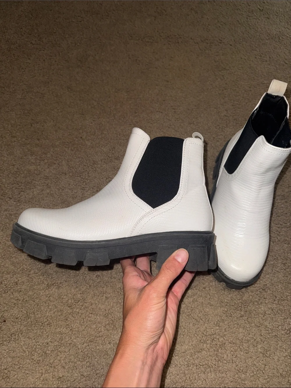 TC White Chunky Chelsea Ankle Boots with Black Elastic Panels